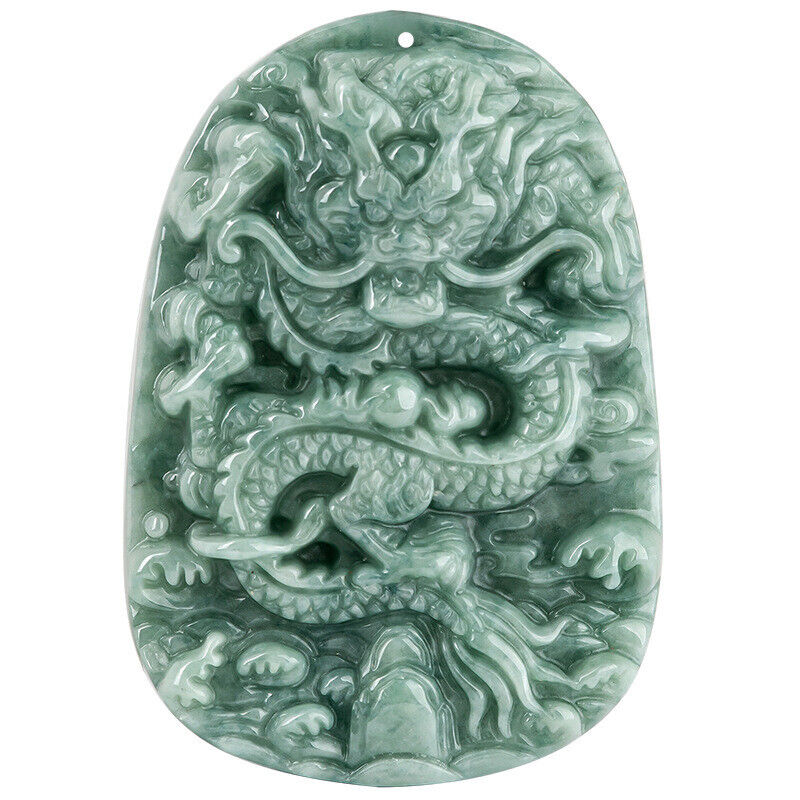 Real Grade A Natural Green Jade Jadeite Engraved Dragon Oblong 2 Sided Pendant Necklace - Image 2