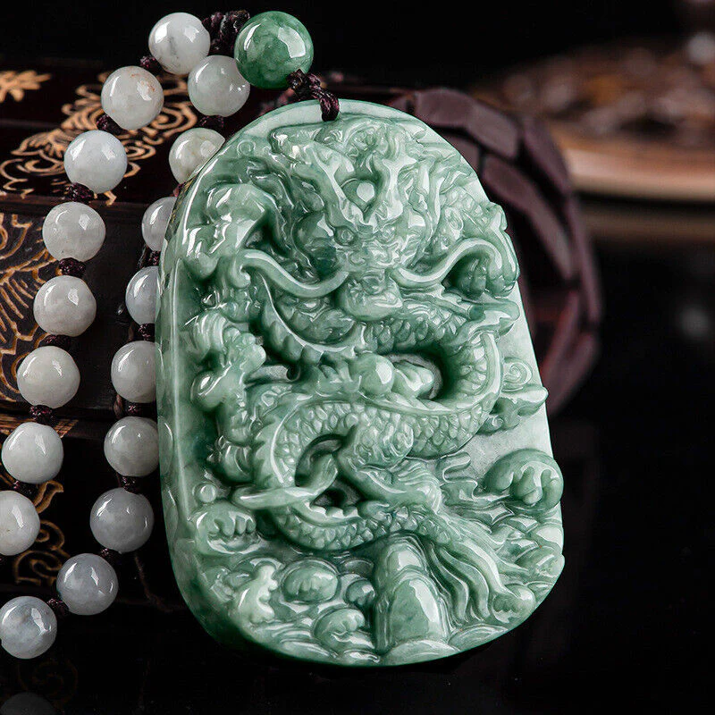 Real Grade A Natural Green Jade Jadeite Engraved Dragon Oblong 2 Sided Pendant Necklace - Image 3