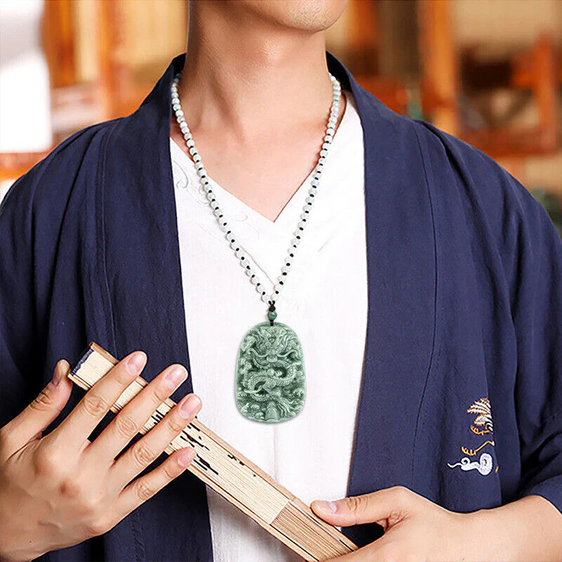 Real Grade A Natural Green Jade Jadeite Engraved Dragon Oblong 2 Sided Pendant Necklace - Image 4