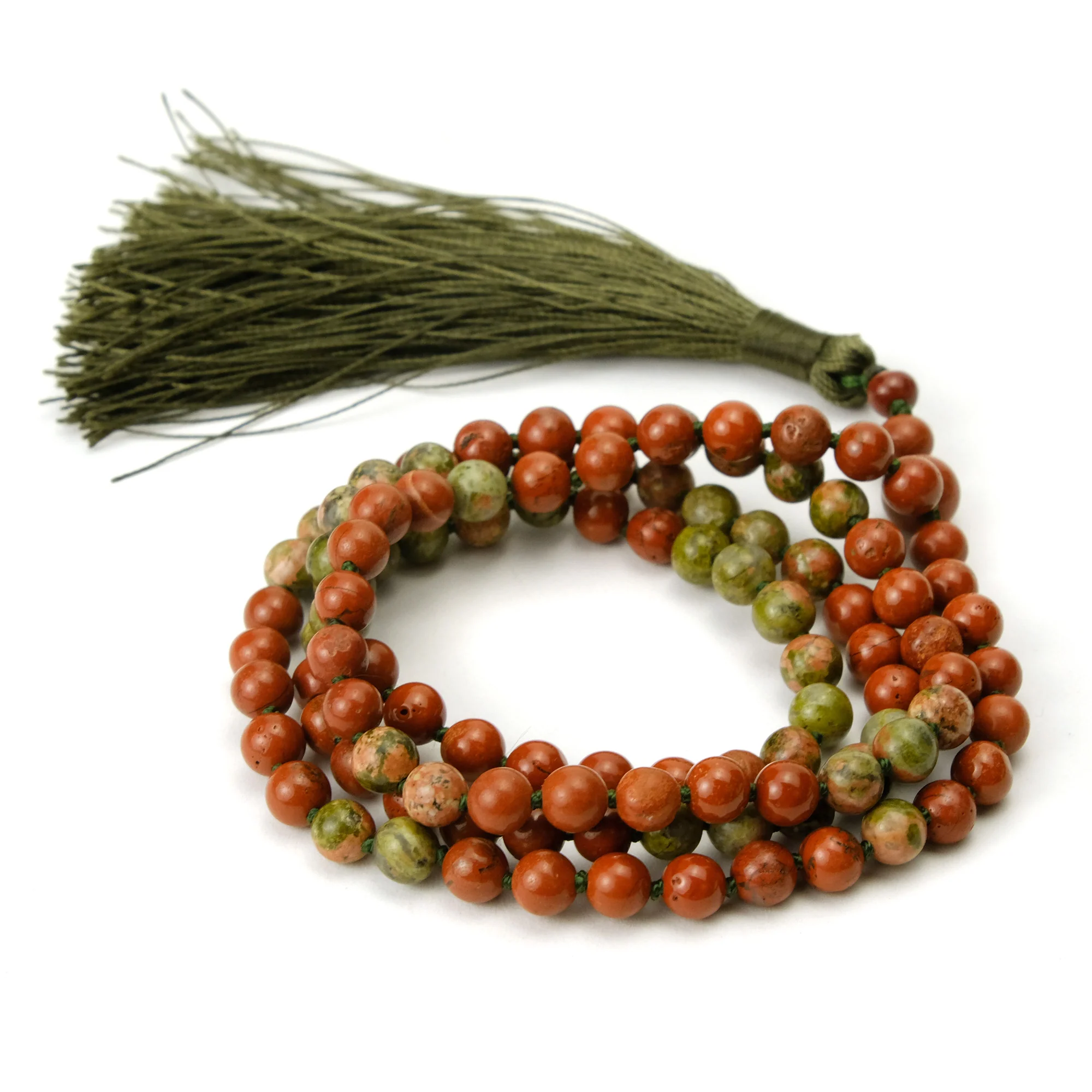 Red Jasper and Unakite 6mm Knotted Mala with Silk Tassel #96 - Image 3