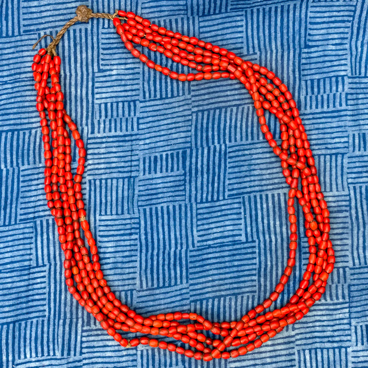 "Sherpa Coral" Antique Red Glass Multistrand 5 Strand Tamba / Necklace - Image 2