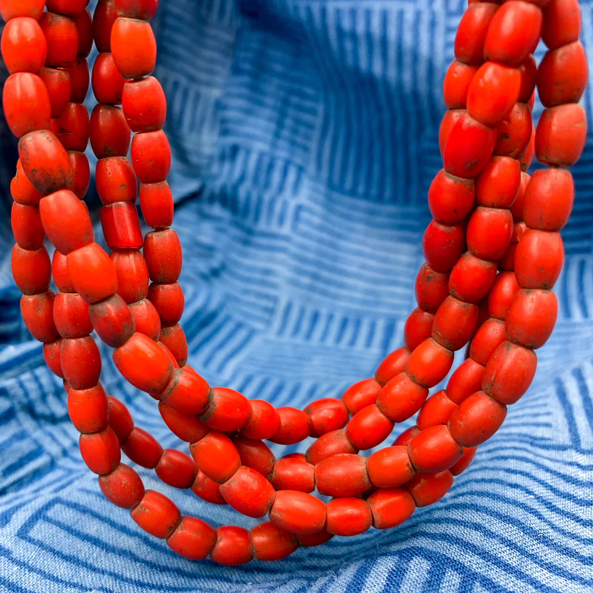 "Sherpa Coral" Antique Red Glass Multistrand 5 Strand Tamba / Necklace - Image 3