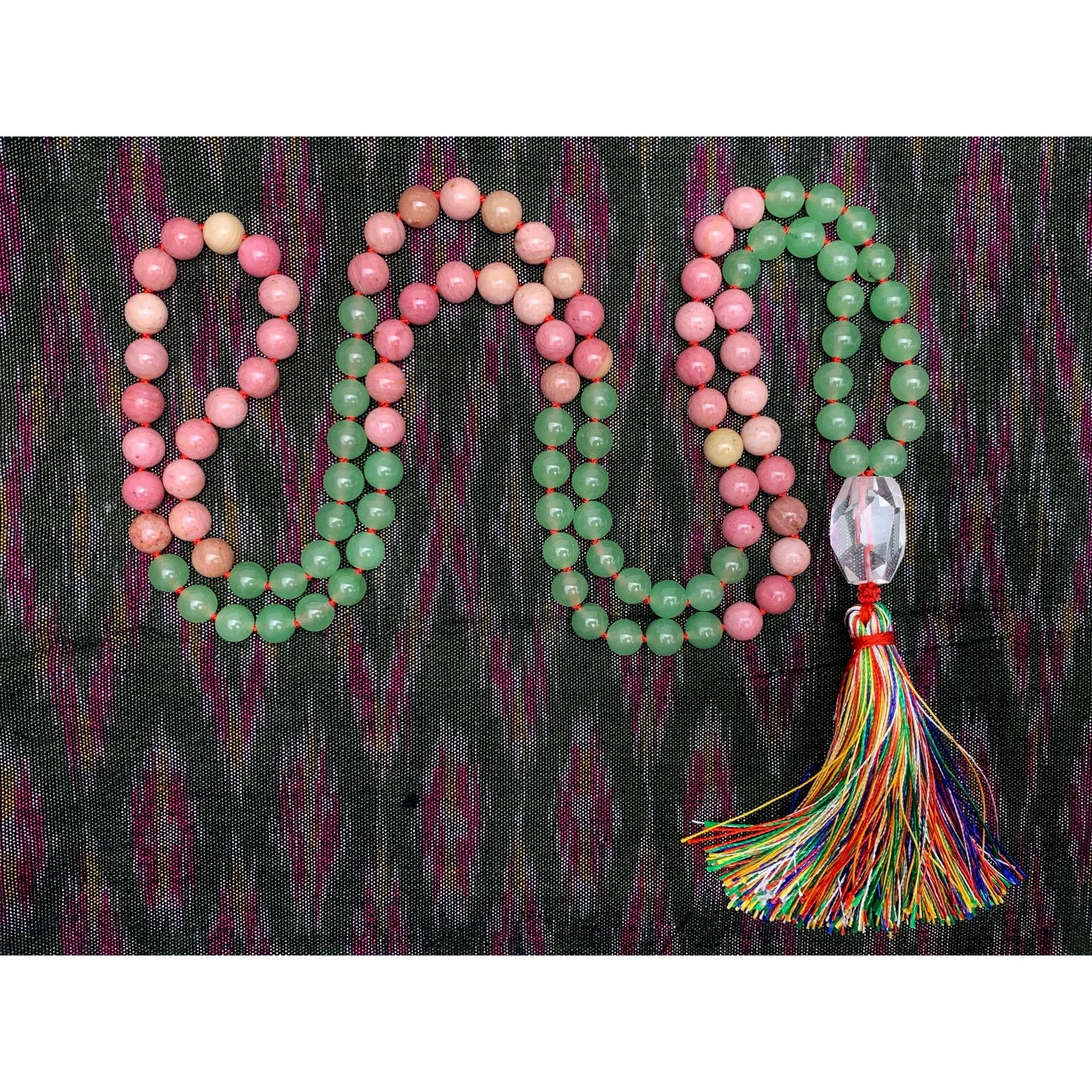 Rhodonite and Aventurine 8mm Knotted Mala with Silk Tassel #31 - Image 2