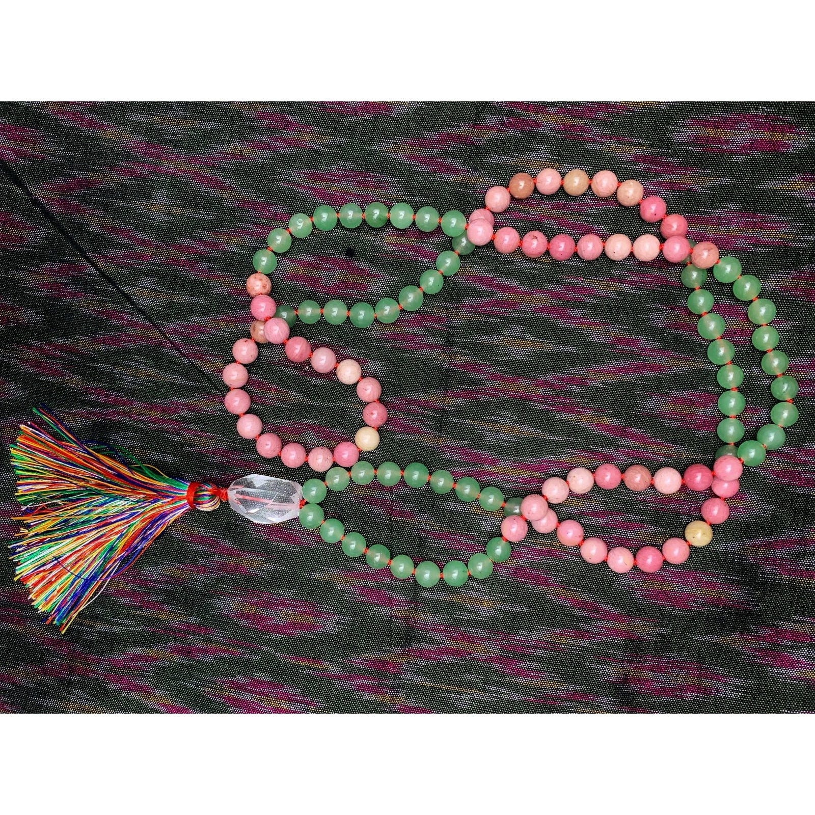 Rhodonite and Aventurine 8mm Knotted Mala with Silk Tassel #31 - Image 3
