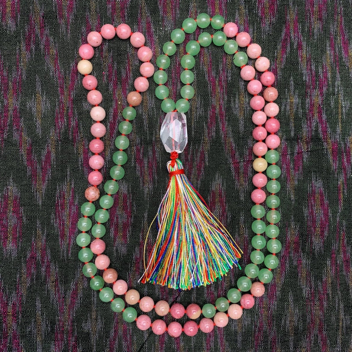 Rhodonite and Aventurine 8mm Knotted Mala with Silk Tassel #31 - Image 4