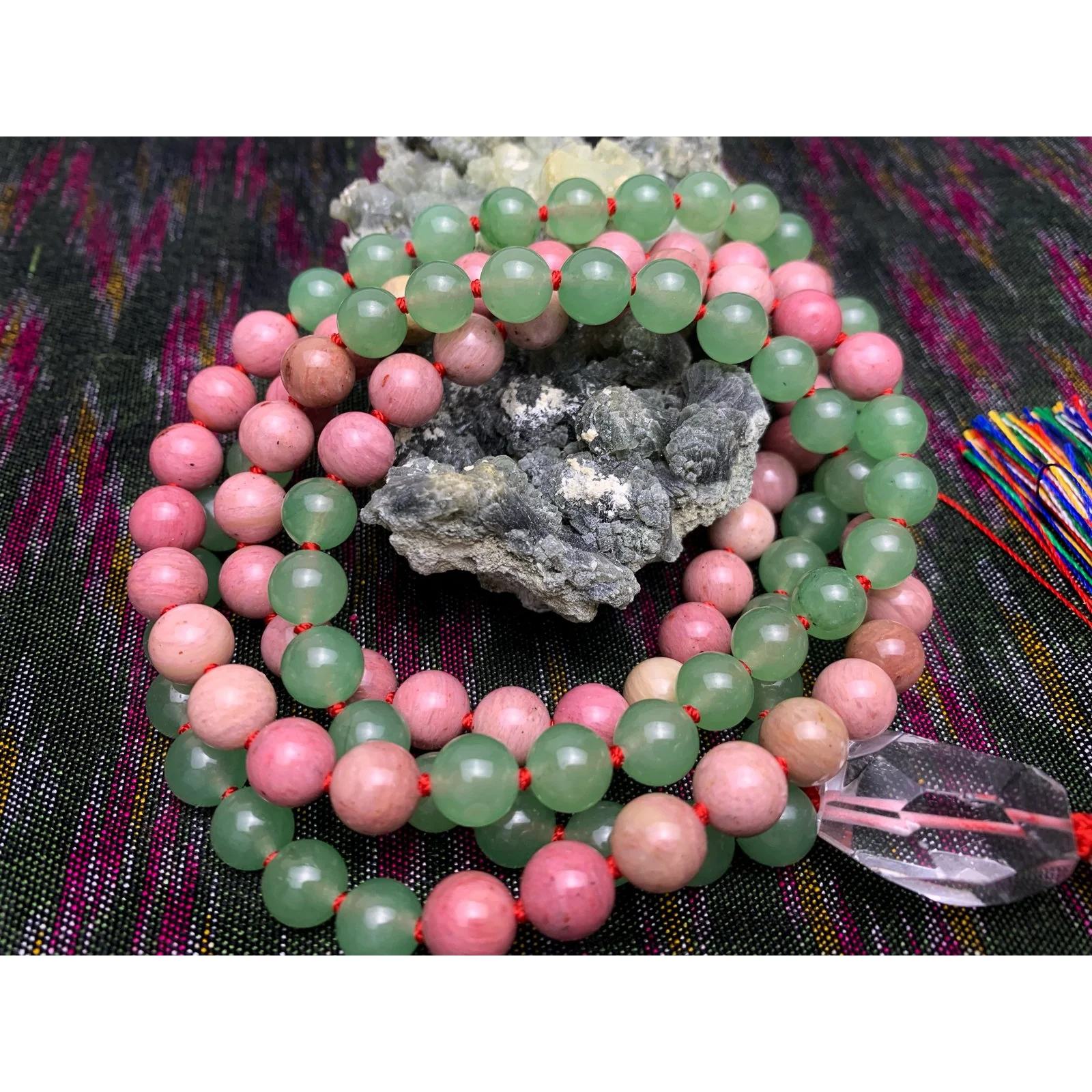 Rhodonite and Aventurine 8mm Knotted Mala with Silk Tassel #31 - Image 5