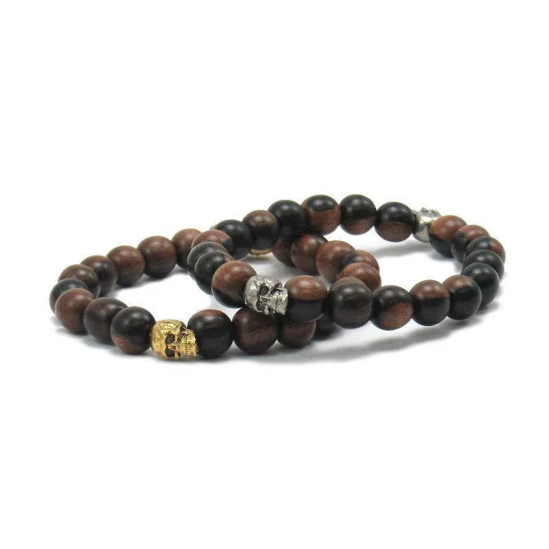 Robles Wood Stretch Bracelet with Metal Skull Beads - Image 2