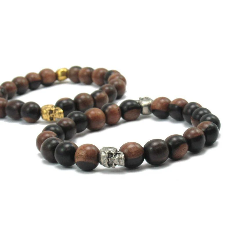 Robles Wood Stretch Bracelet with Metal Skull Beads - Image 3