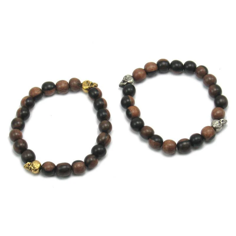 Robles Wood Stretch Bracelet with Metal Skull Beads - Image 4