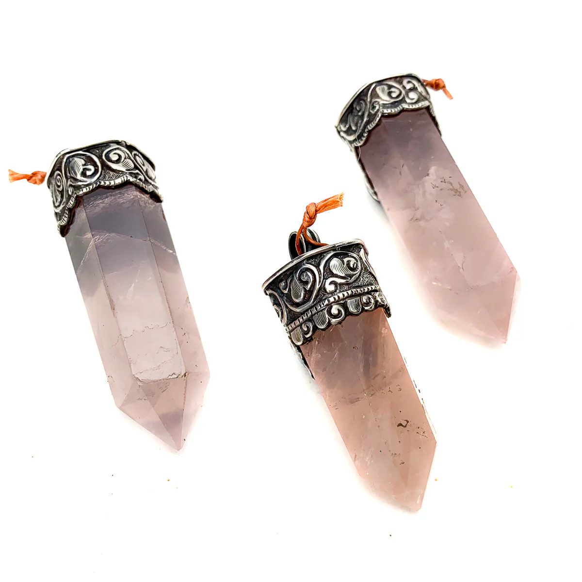 Rose Quartz Obelisk Sterling Silver Pendants with Fine Amethyst Cabochons - Image 2