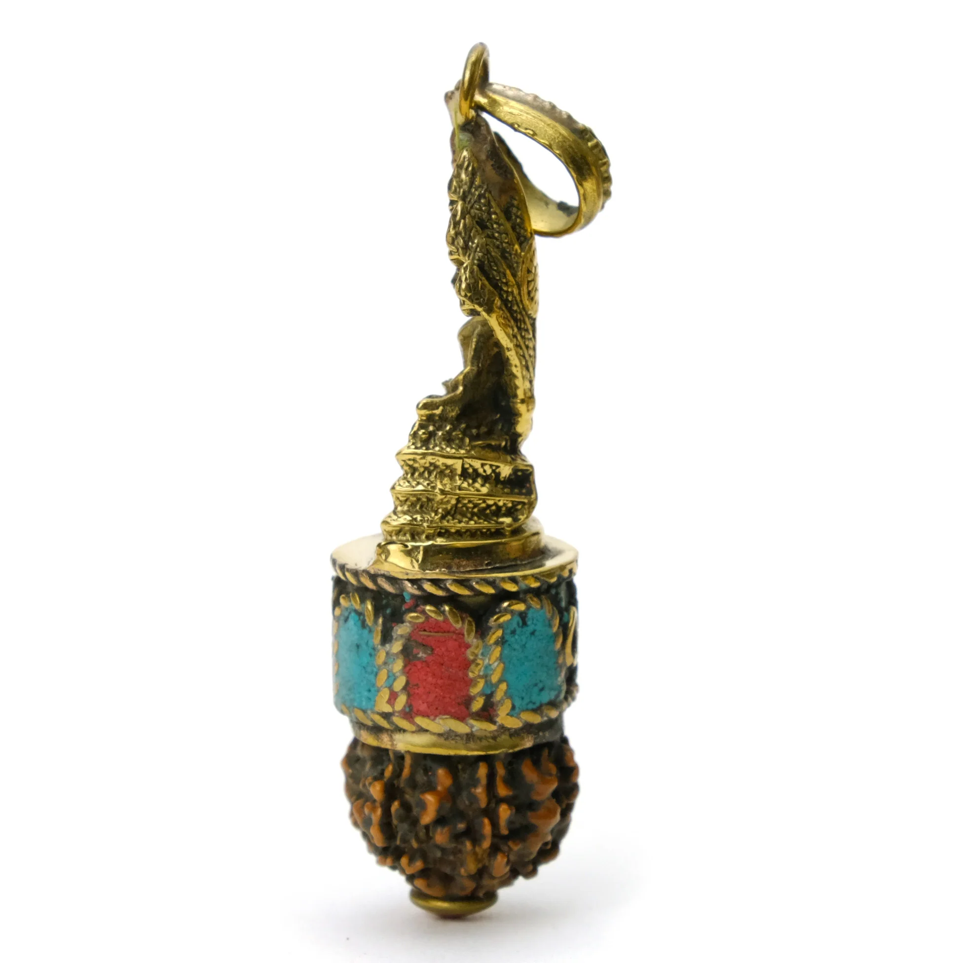 Rudraksha Prayer Bead with Lord Buddha Beneath the Naga Sacred Serpent Pendant # 44 / 3 - Image 2