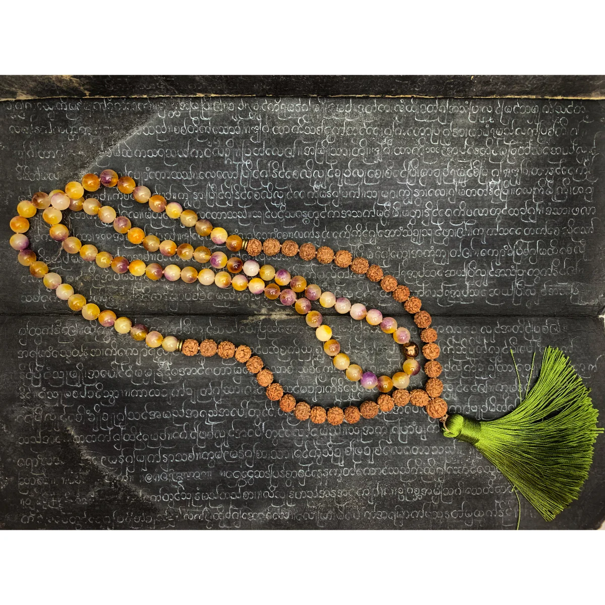 Rudraksha with Colored Jade 8mm Knotted Mala with Silk Tassel #112 - Image 3