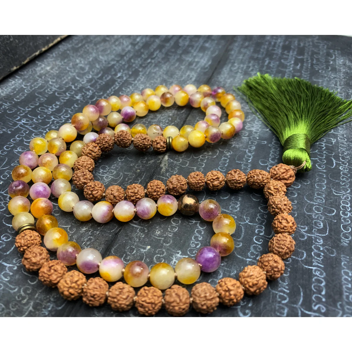 Rudraksha with Colored Jade 8mm Knotted Mala with Silk Tassel #112 - Image 5