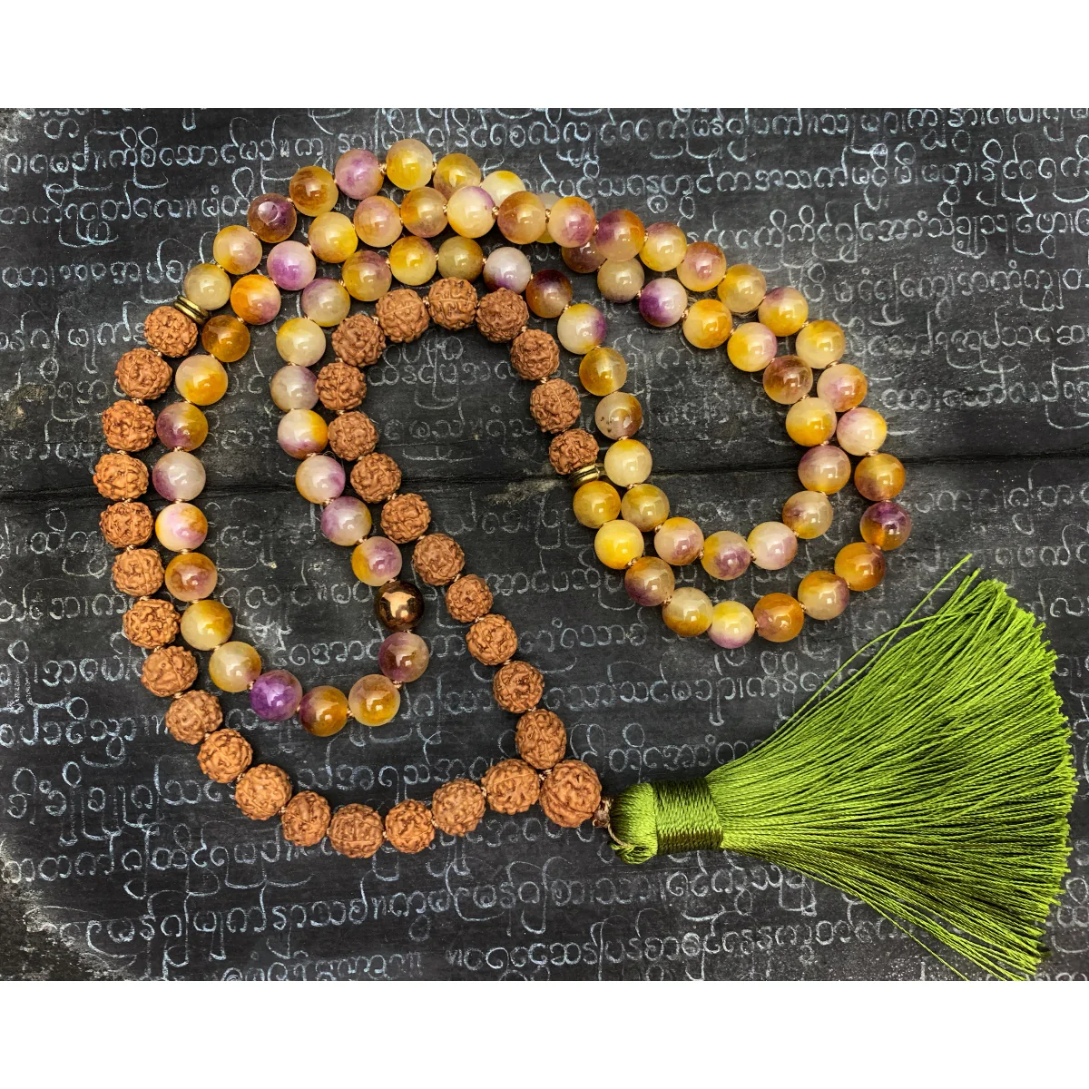 Rudraksha with Colored Jade 8mm Knotted Mala with Silk Tassel #112 - Image 6