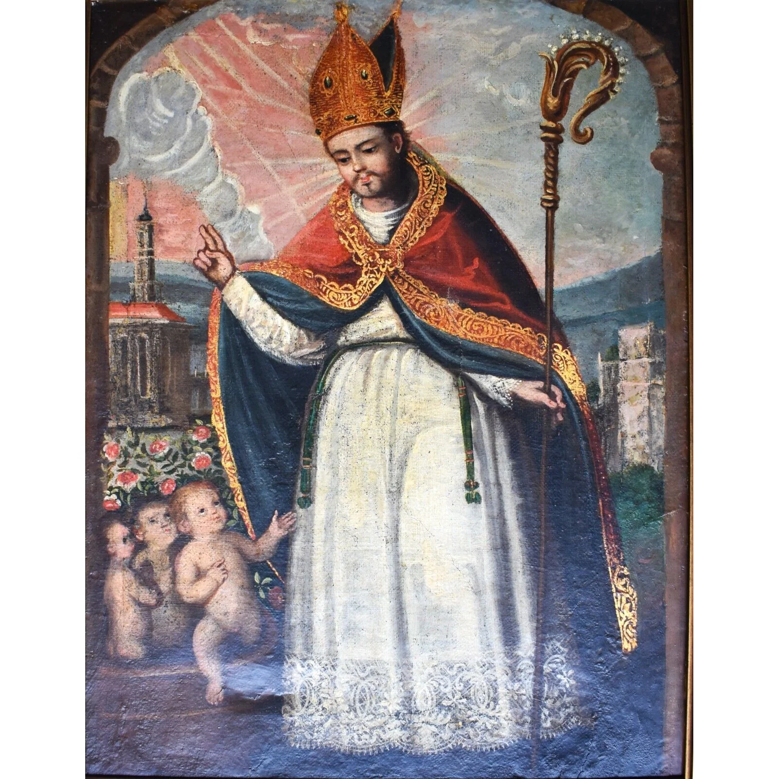 Saint Nicholas San Nicolas Antique 19th C. Spanish Colonial Painting on Canvas/ Retablo - Image 11