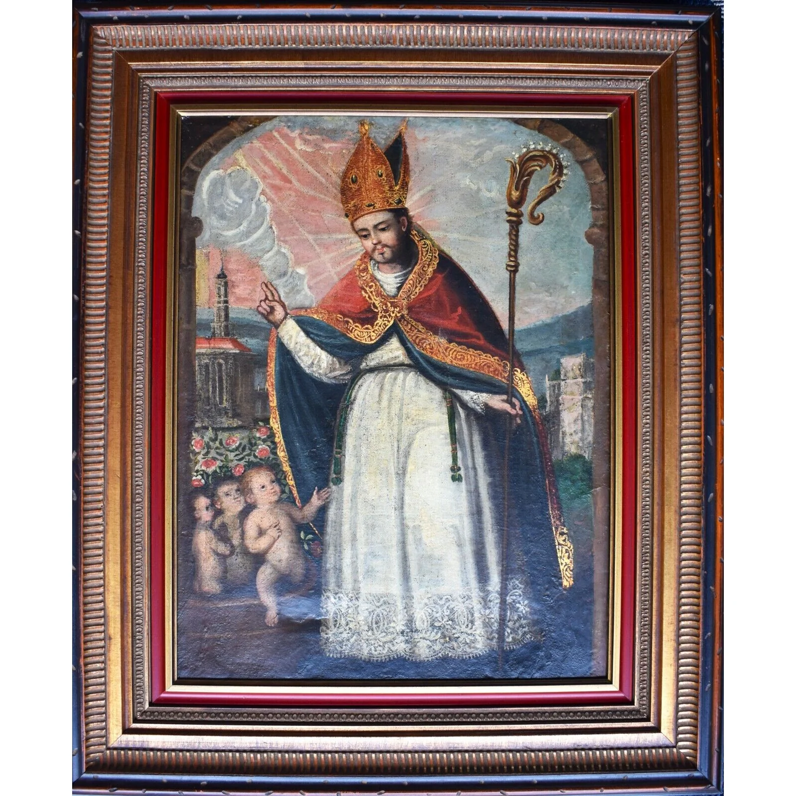Saint Nicholas San Nicolas Antique 19th C. Spanish Colonial Painting on Canvas/ Retablo - Image 12