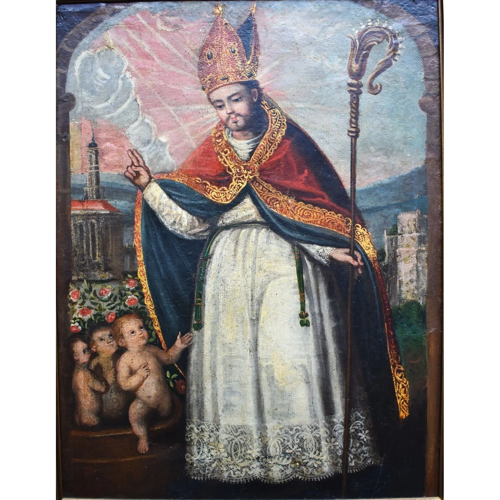 Saint Nicholas San Nicolas Antique 19th C. Spanish Colonial Painting on Canvas/ Retablo - Image 2
