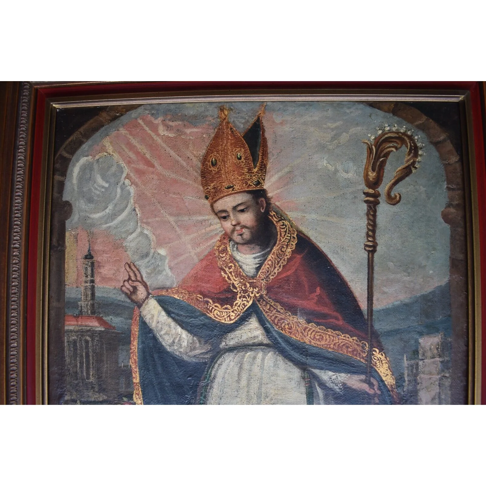 Saint Nicholas San Nicolas Antique 19th C. Spanish Colonial Painting on Canvas/ Retablo - Image 3