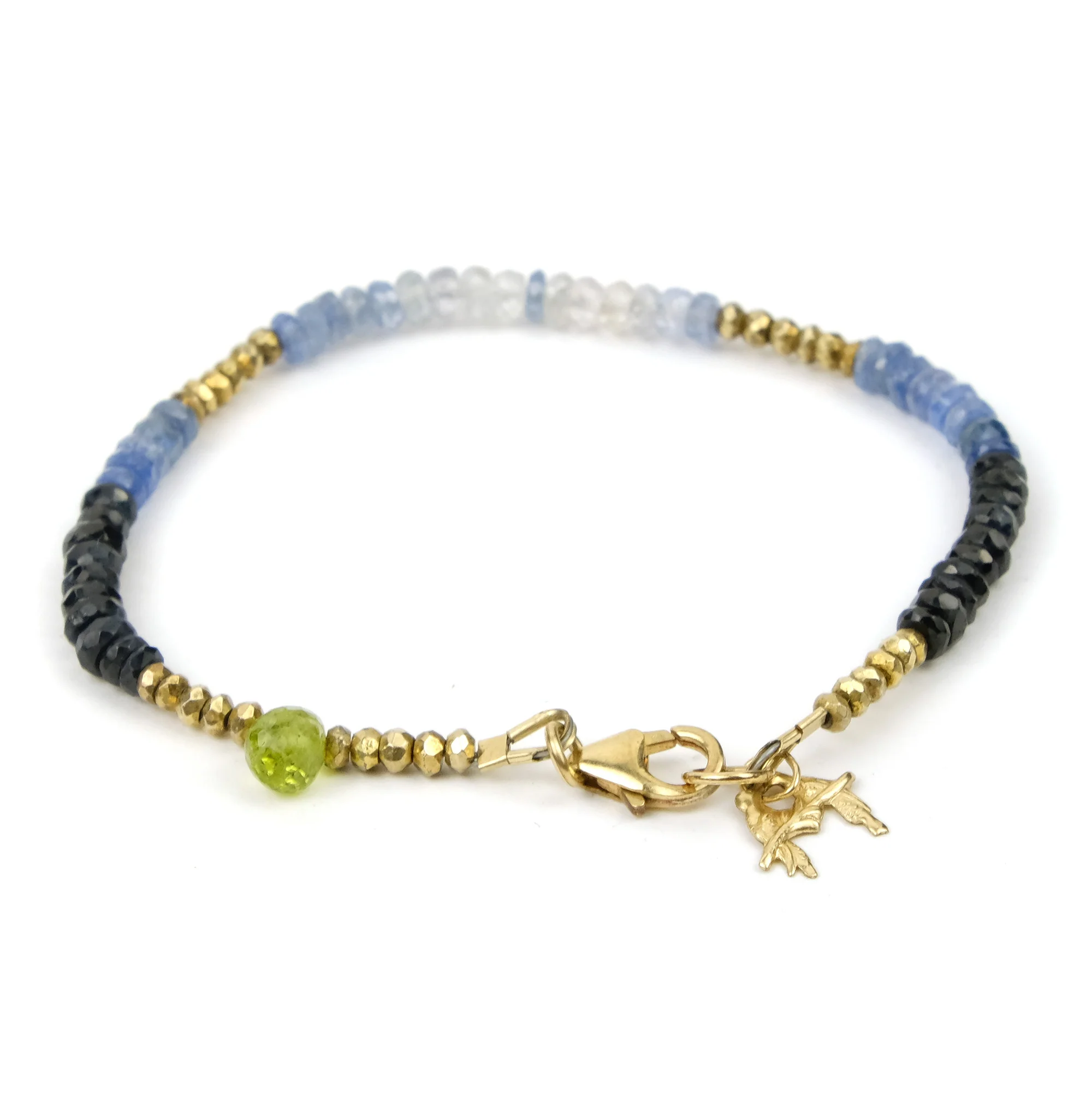 Sapphire and Peridot Bracelet with Gold Filled Trigger Clasp and Love Bird Detail - Image 3