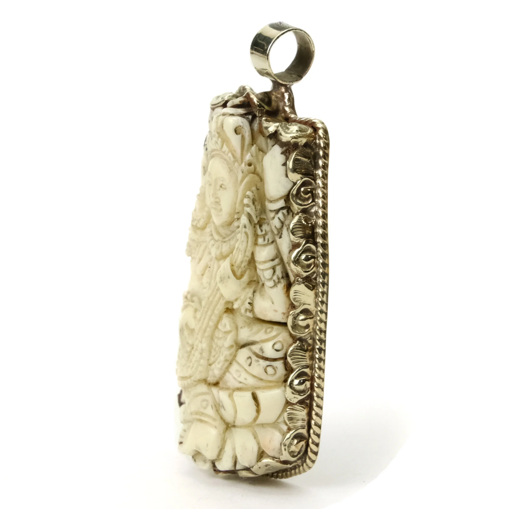 Saraswati Hindu Goddess of Knowledge, Music, Art, Wisdom and Learning Bone Pendant Set in White Brass Frame - Image 2