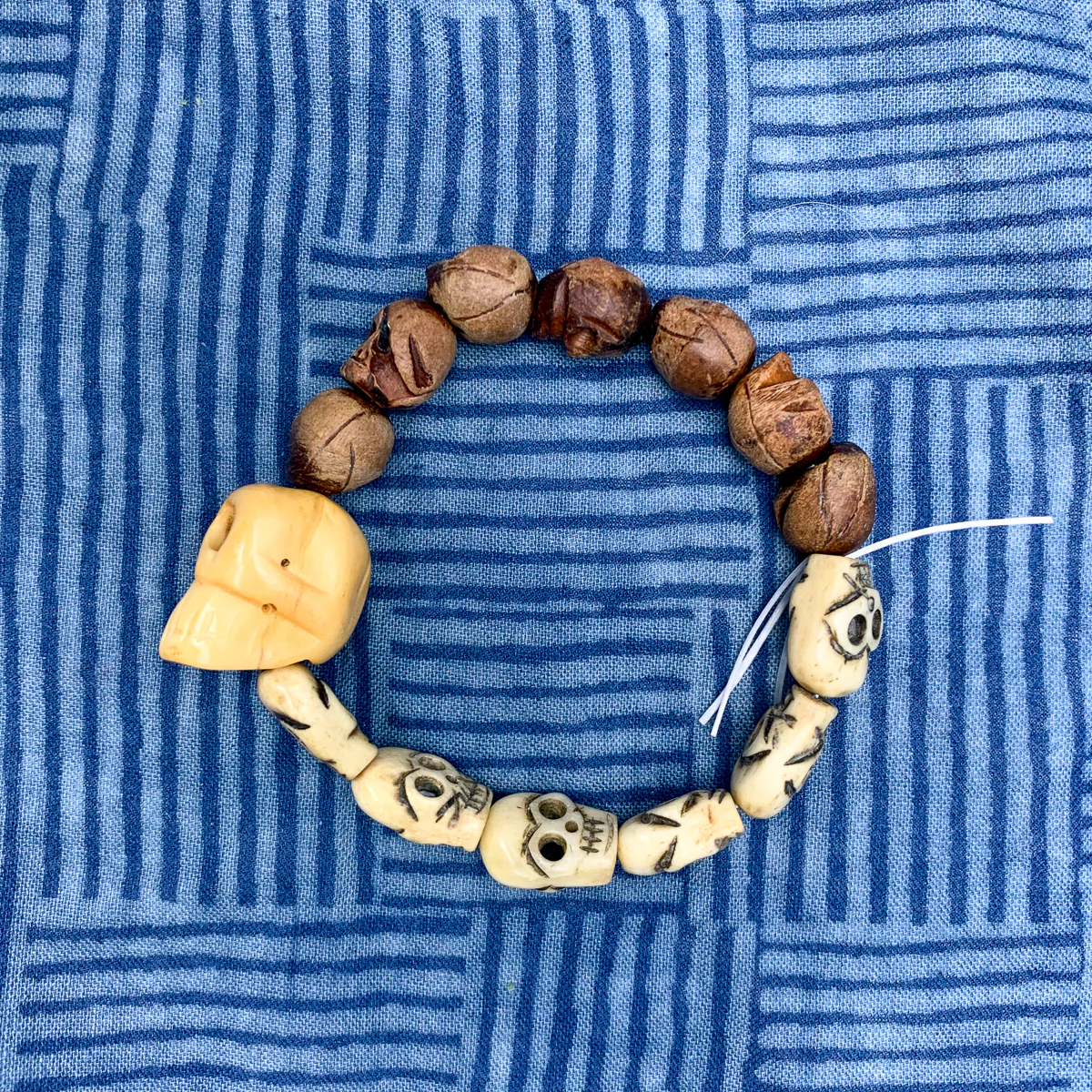 Memento Mori Wood and Bone Skull Stretch Bracelet - Image 2