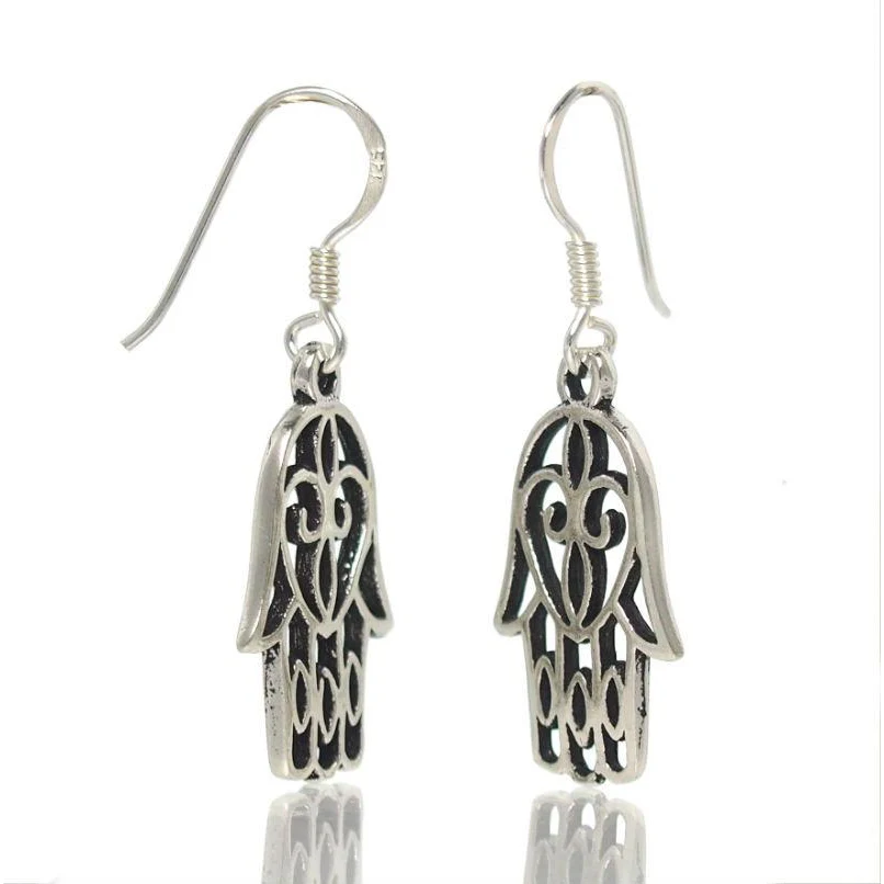 Sterling Silver Hamsa Heart Earrings - Image 2