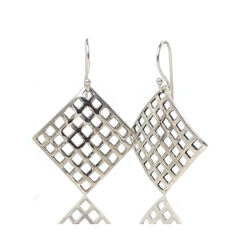 Sterling Silver Lattice Square Diamond Earrings - Image 2