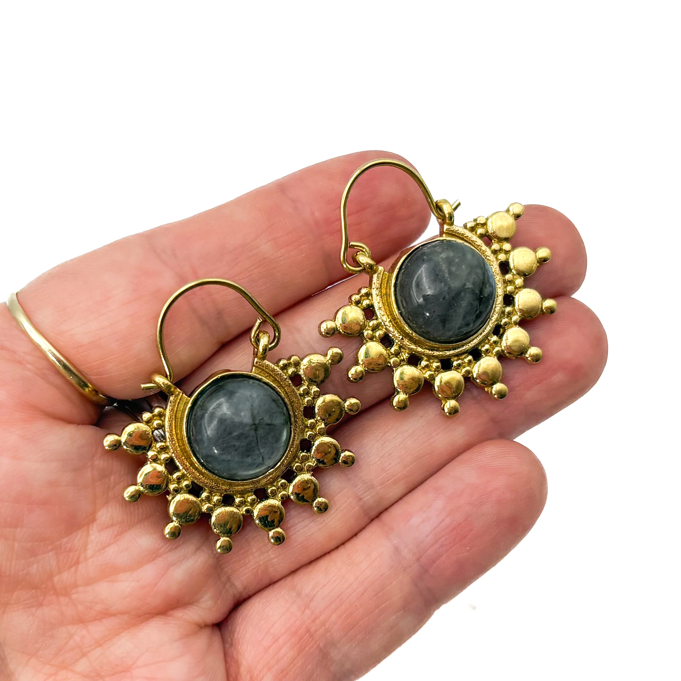 Sun Ray Labradorite Brass Earrings - Image 4