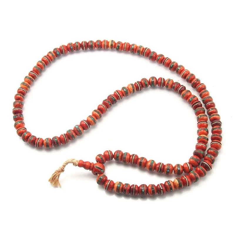 Tibetan Inlaid Cow Bone Mala Red 10mm - Image 2