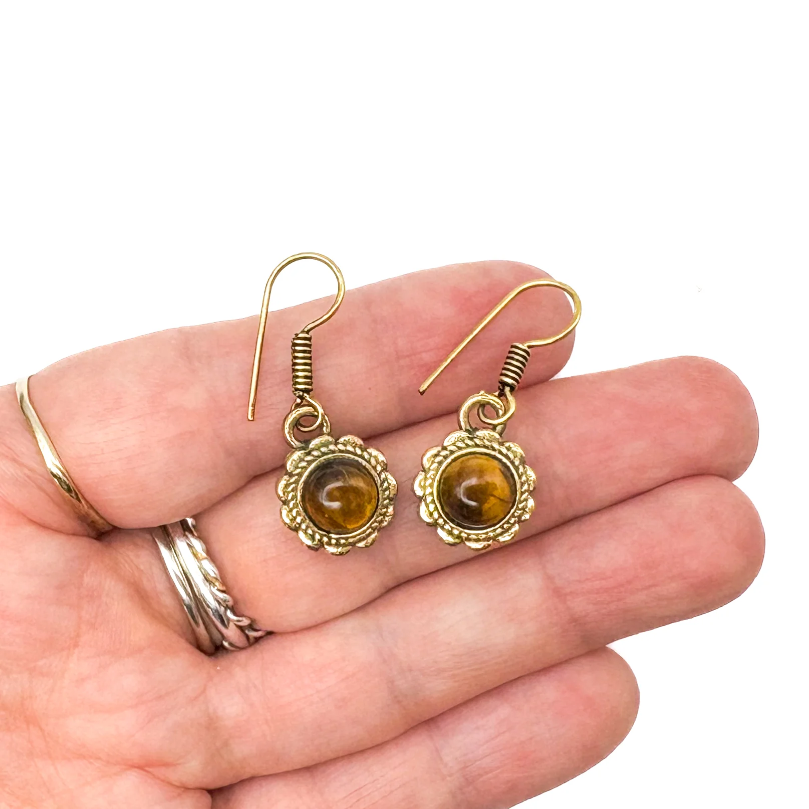 Tiger's Eye Circle Flower Brass Earrings - Image 11
