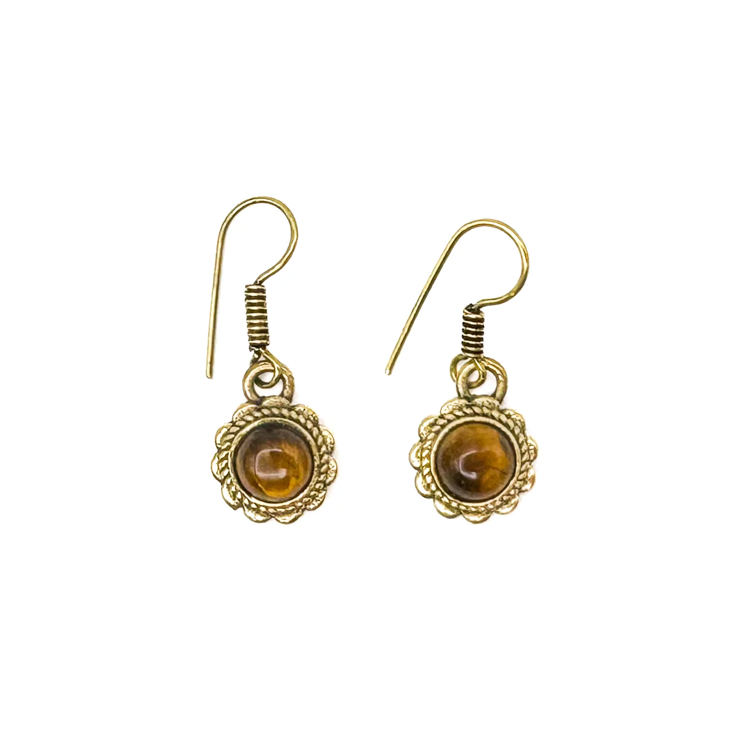 Tiger's Eye Circle Flower Brass Earrings - Image 2