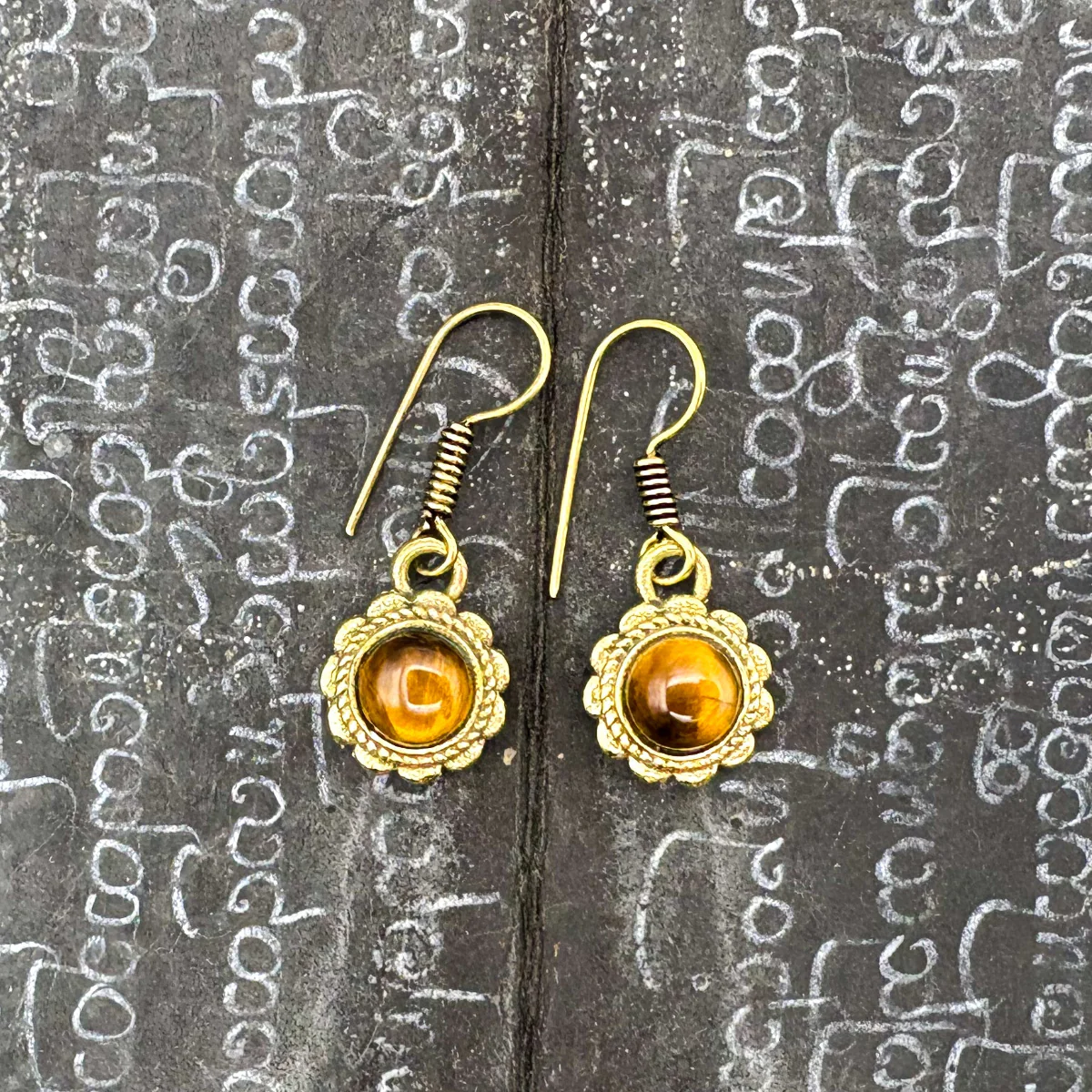 Tiger's Eye Circle Flower Brass Earrings - Image 5