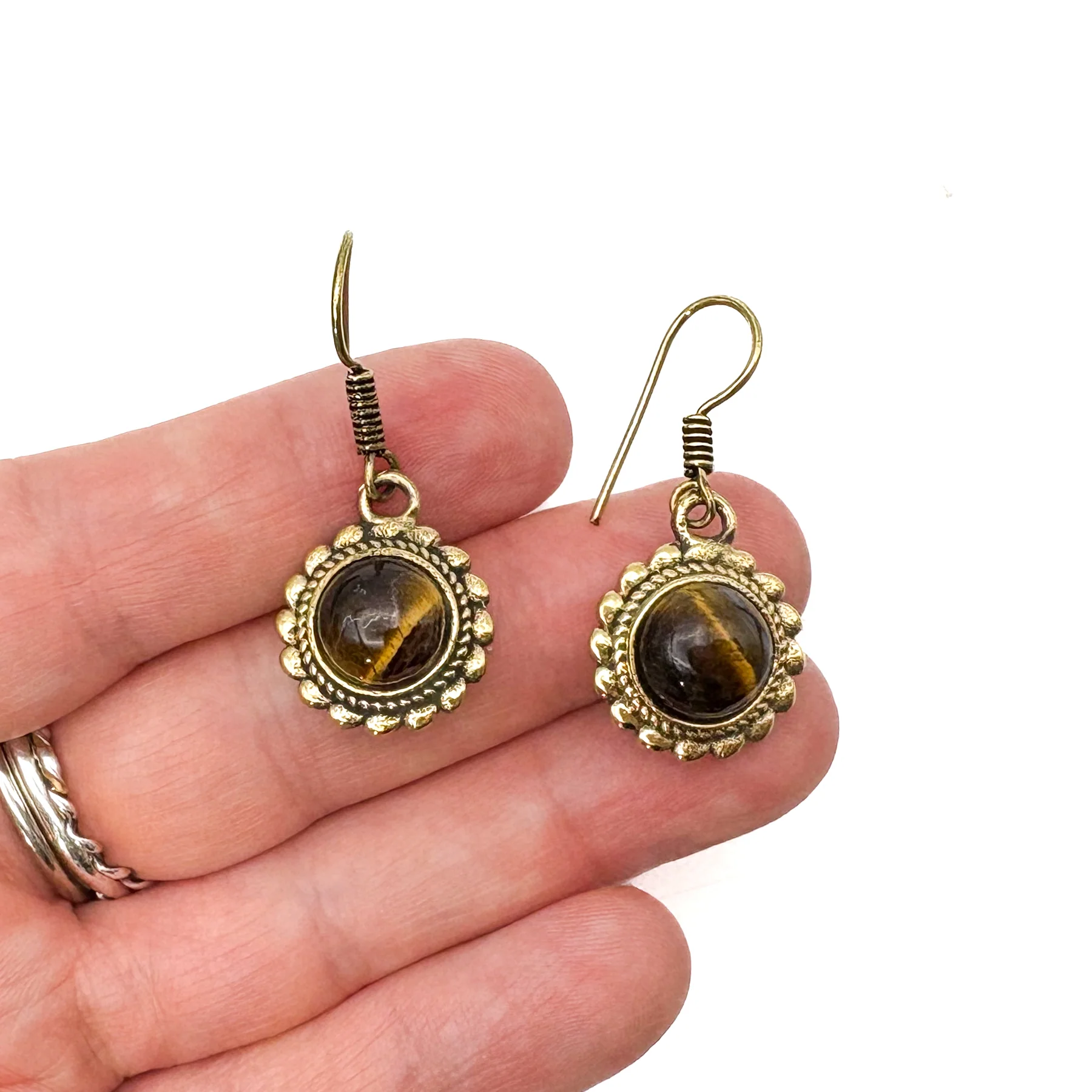 Tiger's Eye Circle Rope Brass Earrings - Image 9