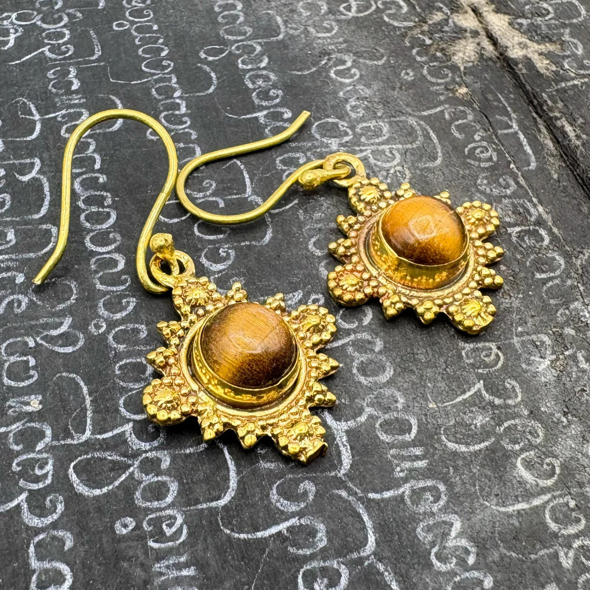 Tiger's Eye Compass Brass Earrings - Image 3