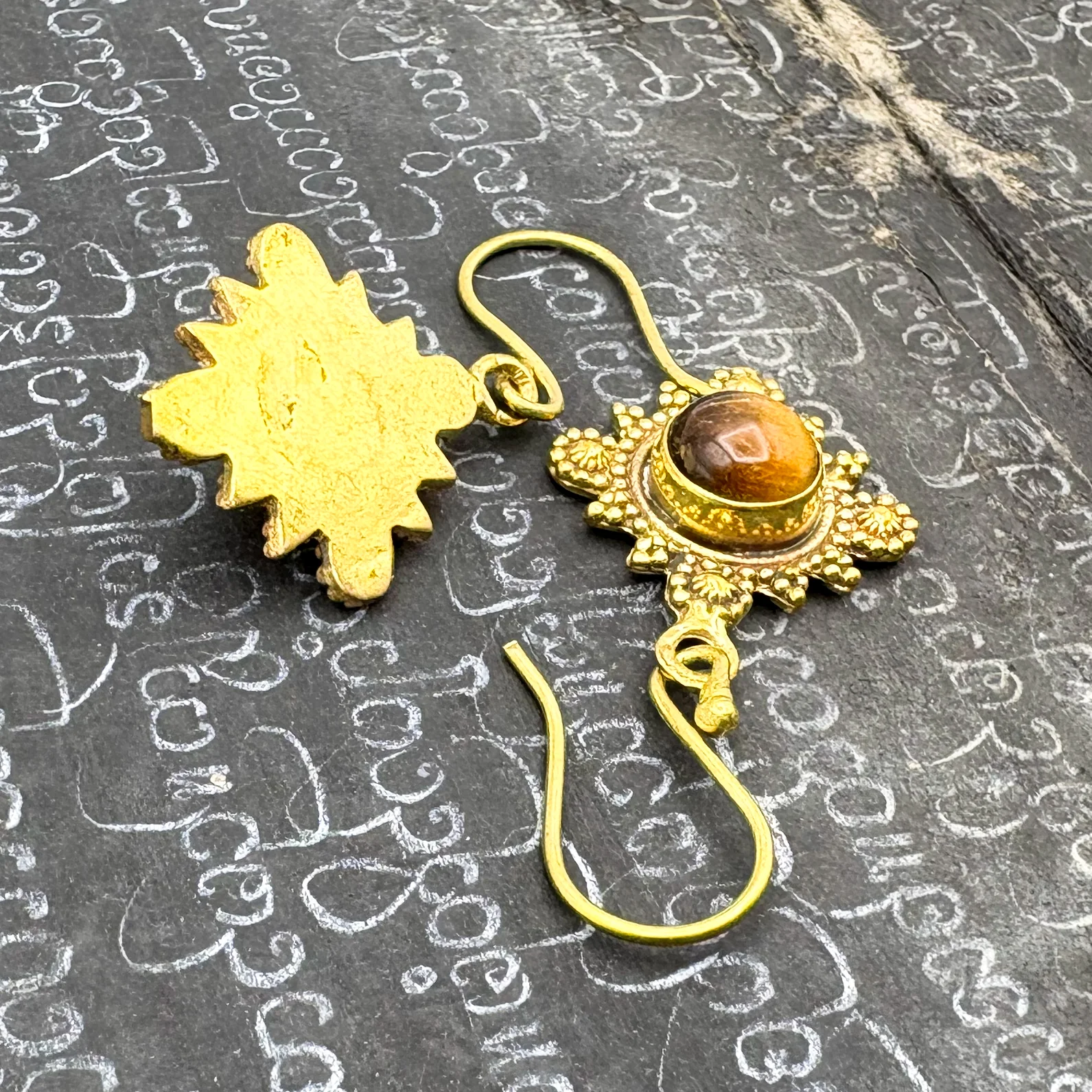Tiger's Eye Compass Brass Earrings - Image 5