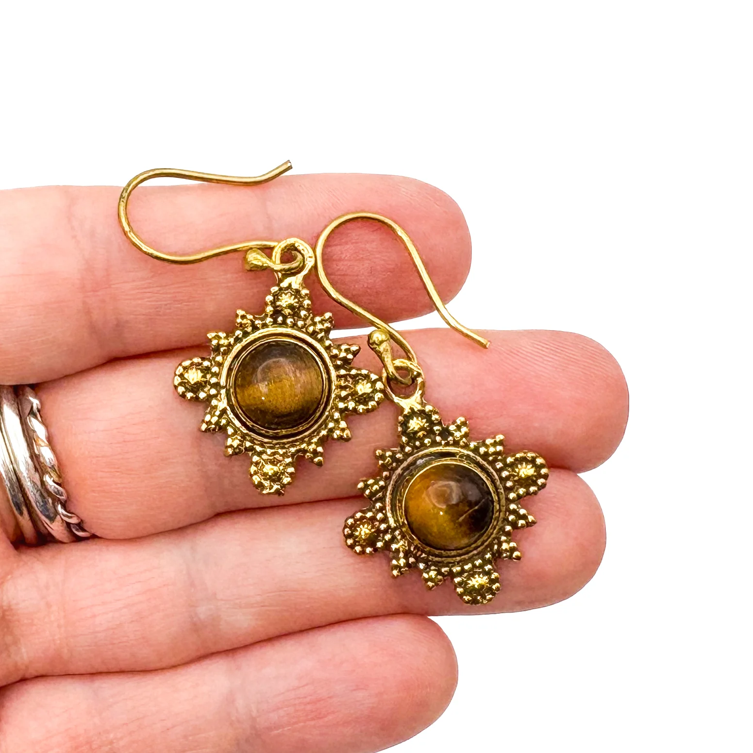 Tiger's Eye Compass Brass Earrings - Image 7