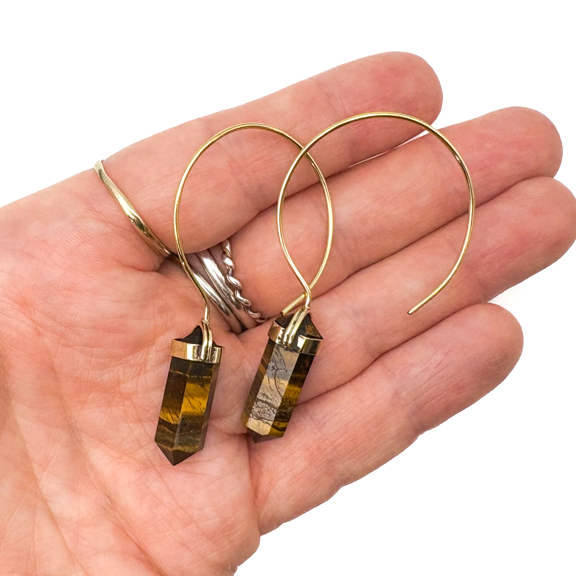 Tiger's Eye Crystal Point Brass Hoop Earrings - Image 10