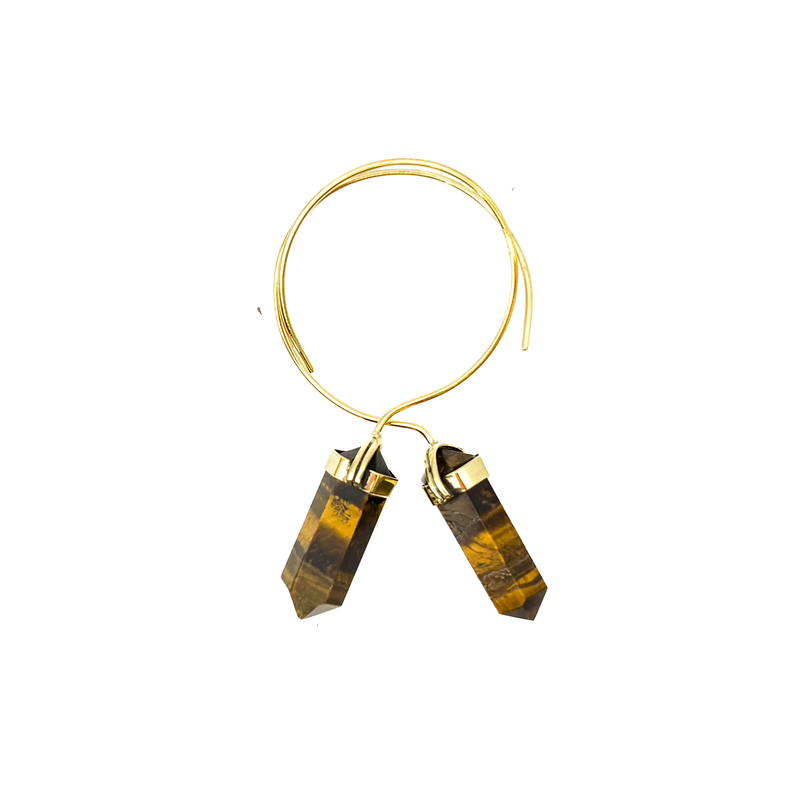 Tiger's Eye Crystal Point Brass Hoop Earrings - Image 2
