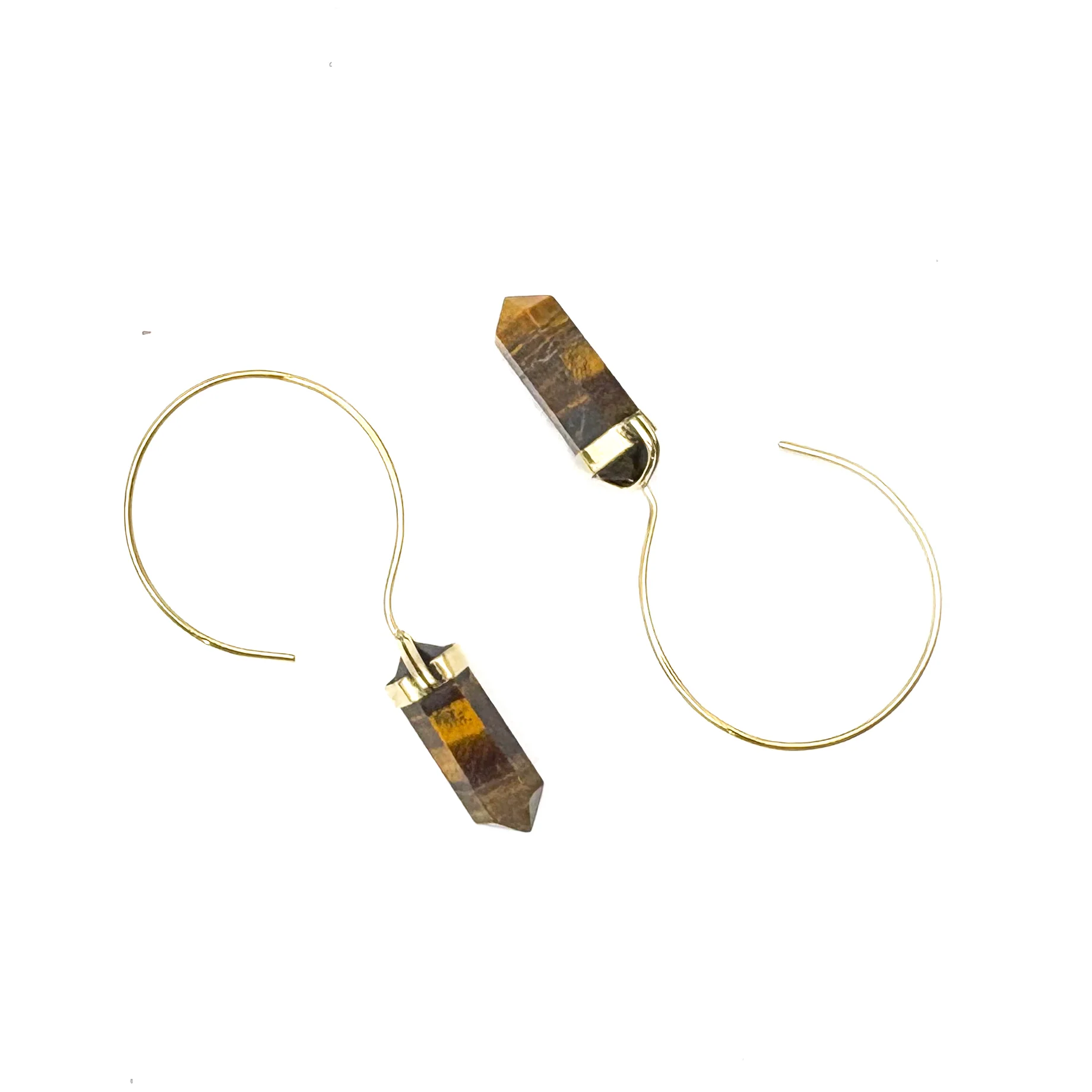 Tiger's Eye Crystal Point Brass Hoop Earrings - Image 4