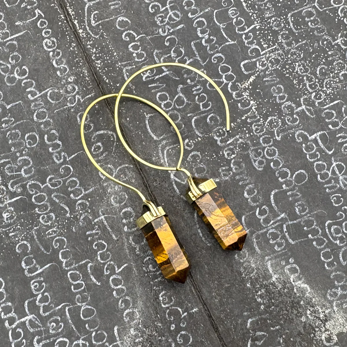 Tiger's Eye Crystal Point Brass Hoop Earrings - Image 5