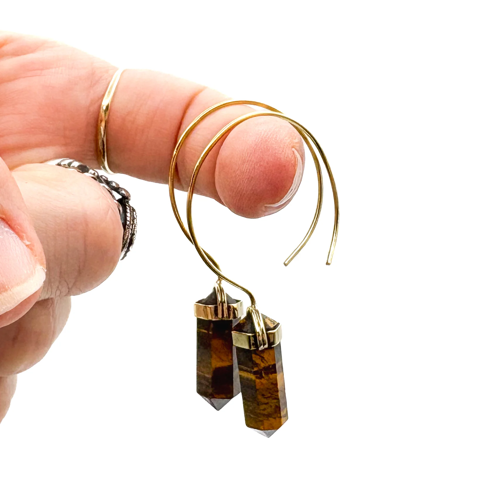 Tiger's Eye Crystal Point Brass Hoop Earrings - Image 6
