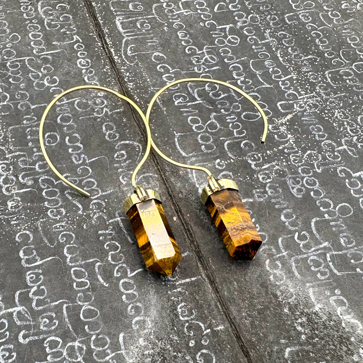 Tiger's Eye Crystal Point Brass Hoop Earrings - Image 7