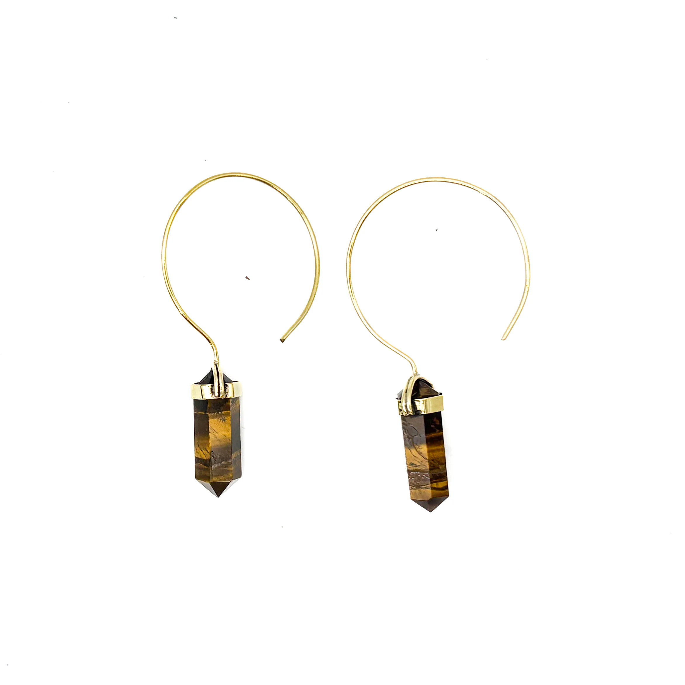 Tiger's Eye Crystal Point Brass Hoop Earrings - Image 8