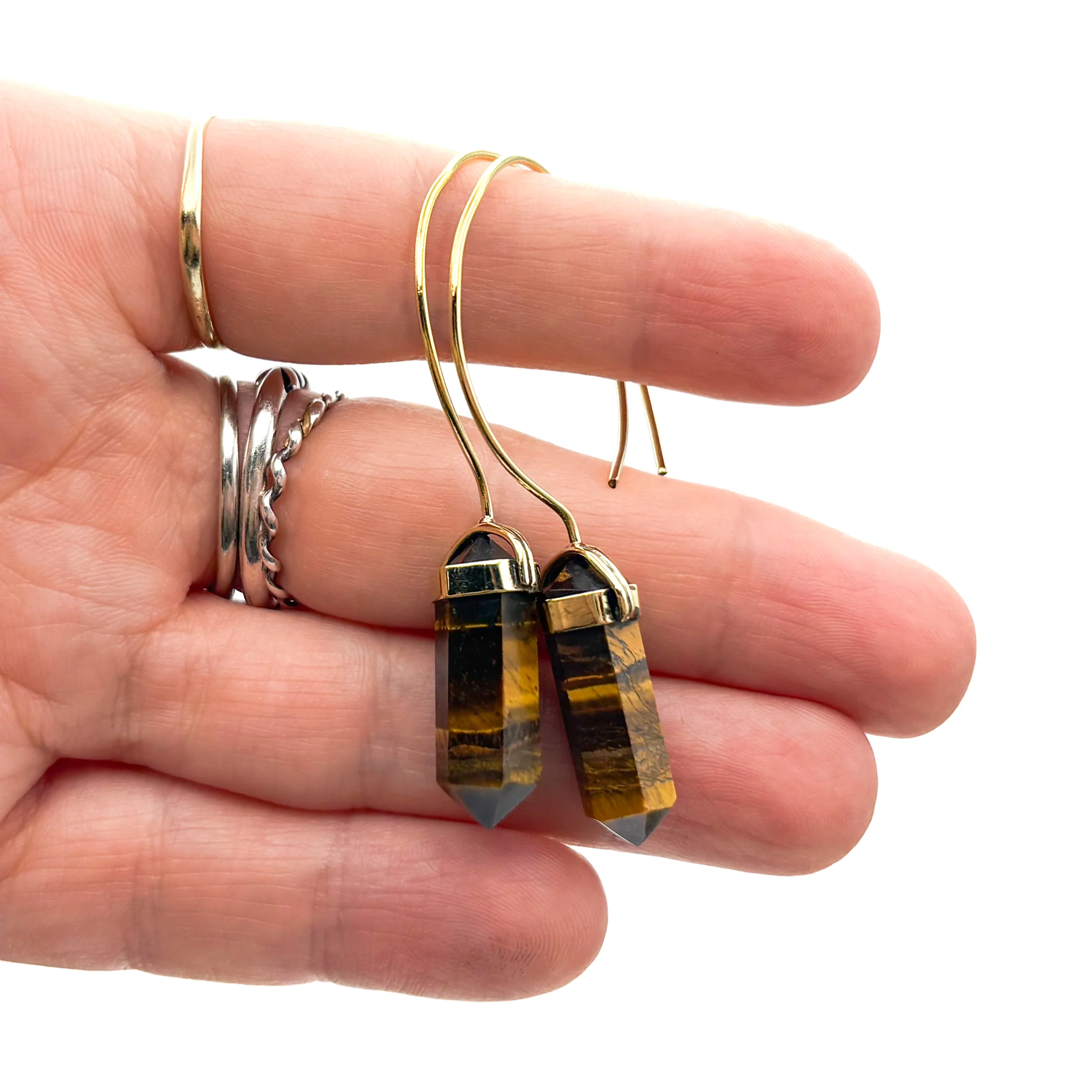 Tiger's Eye Crystal Point Brass Hoop Earrings - Image 9