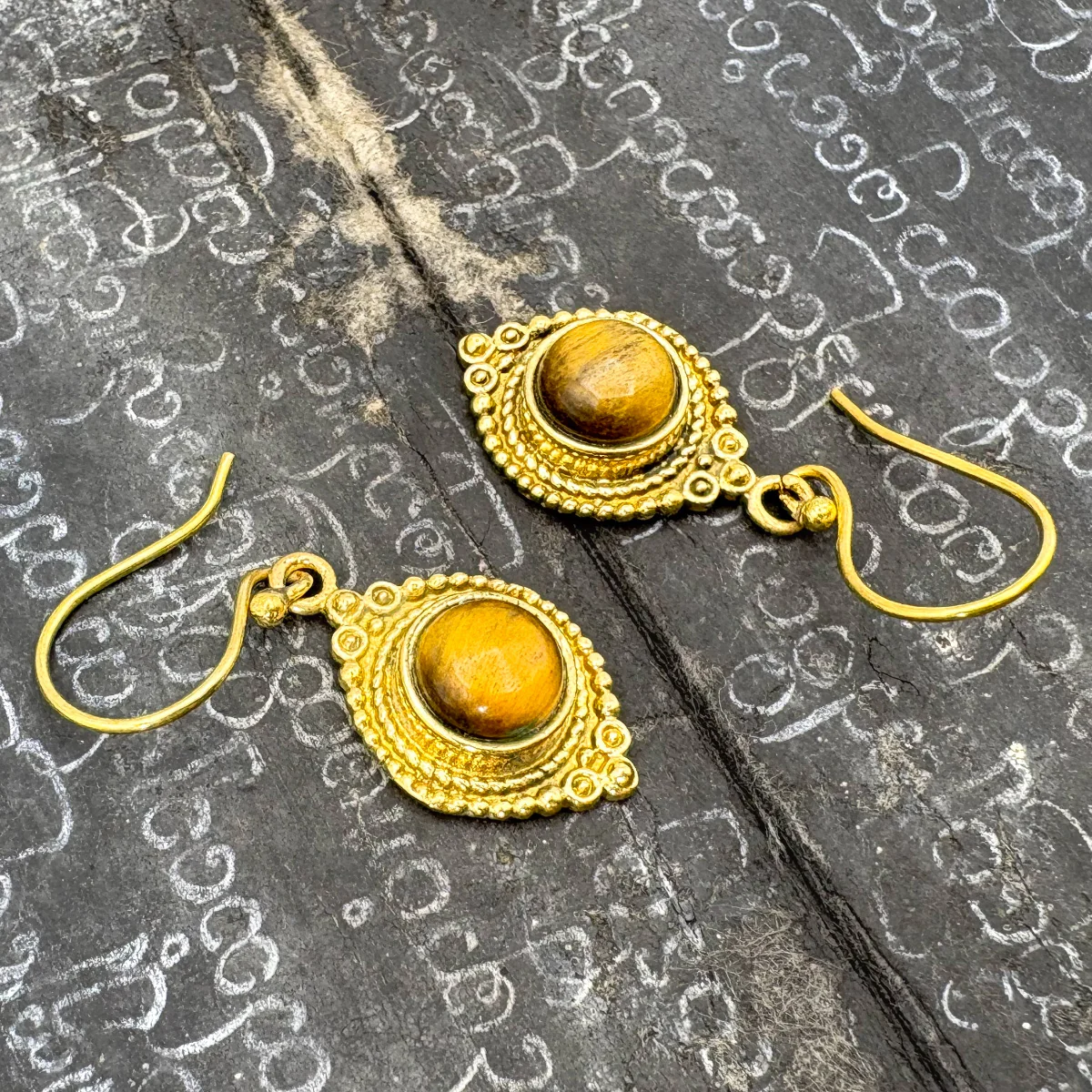 Tiger's Eye Dots Connect Us Brass Earrings - Image 2