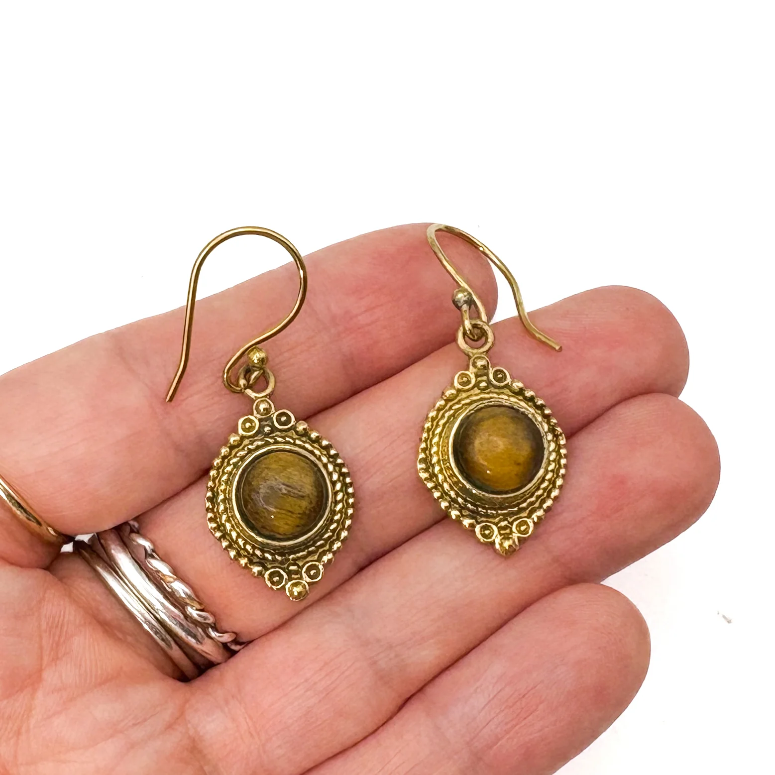 Tiger's Eye Dots Connect Us Brass Earrings - Image 8