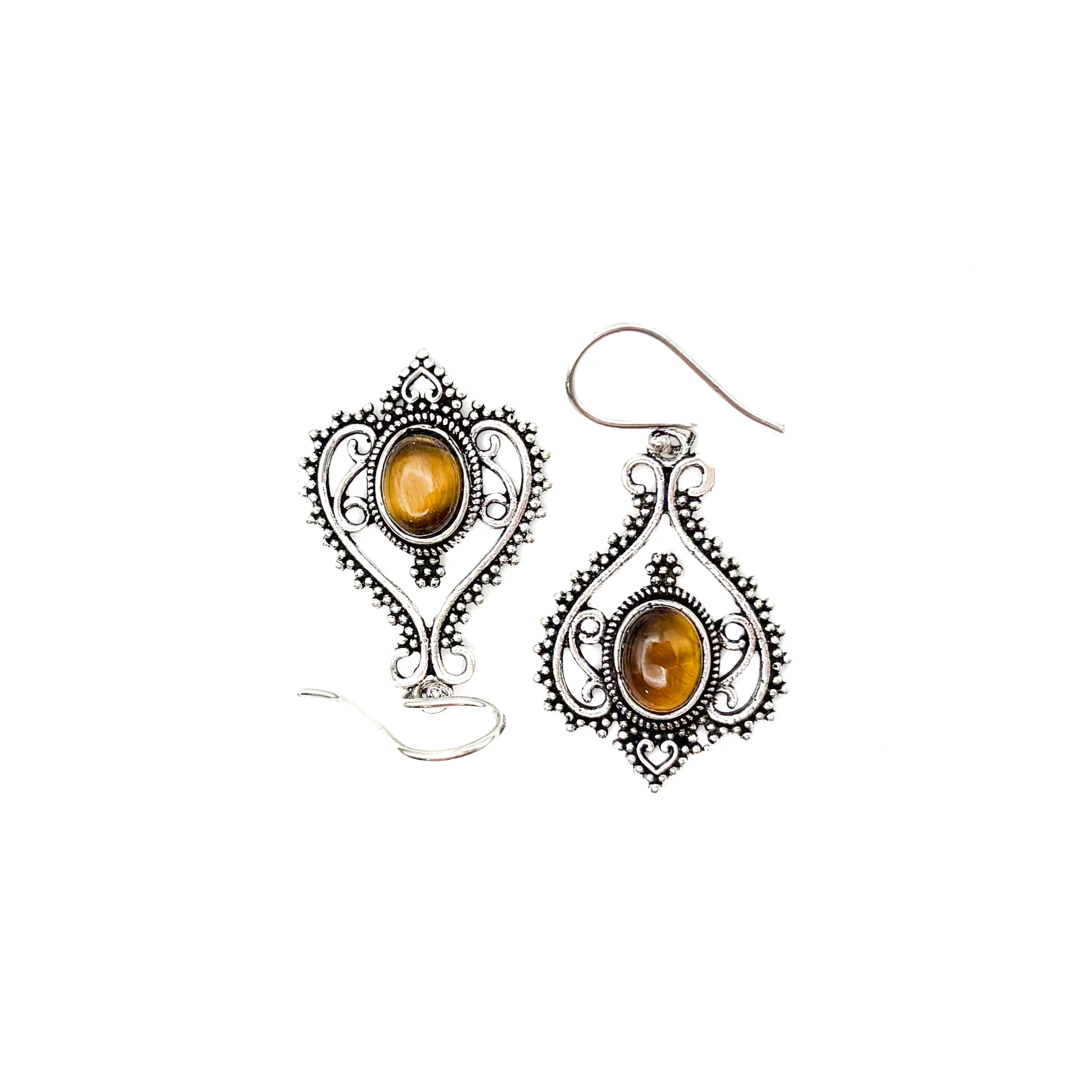 Tiger's Eye Heart Doily Lace White Brass Earrings - Image 2