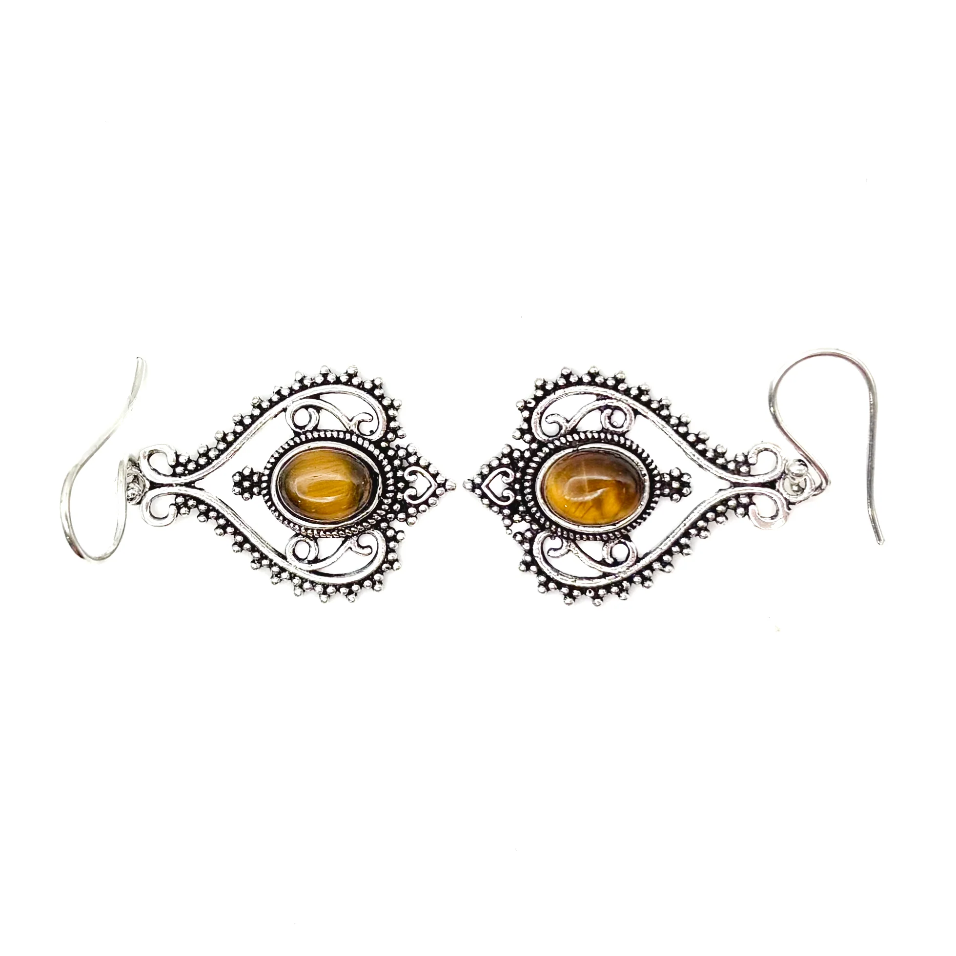 Tiger's Eye Heart Doily Lace White Brass Earrings - Image 4