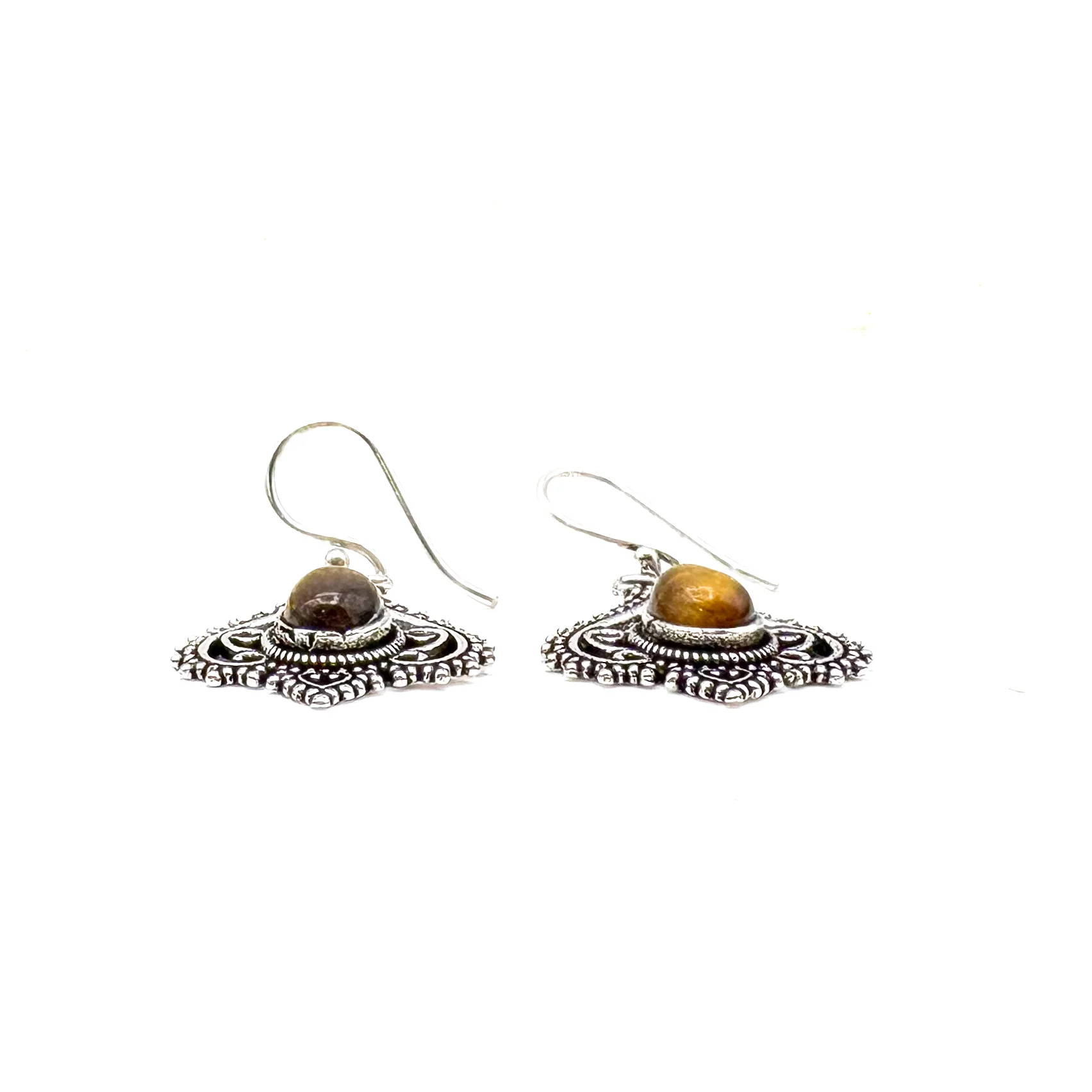 Tiger's Eye Heart Doily Lace White Brass Earrings - Image 5