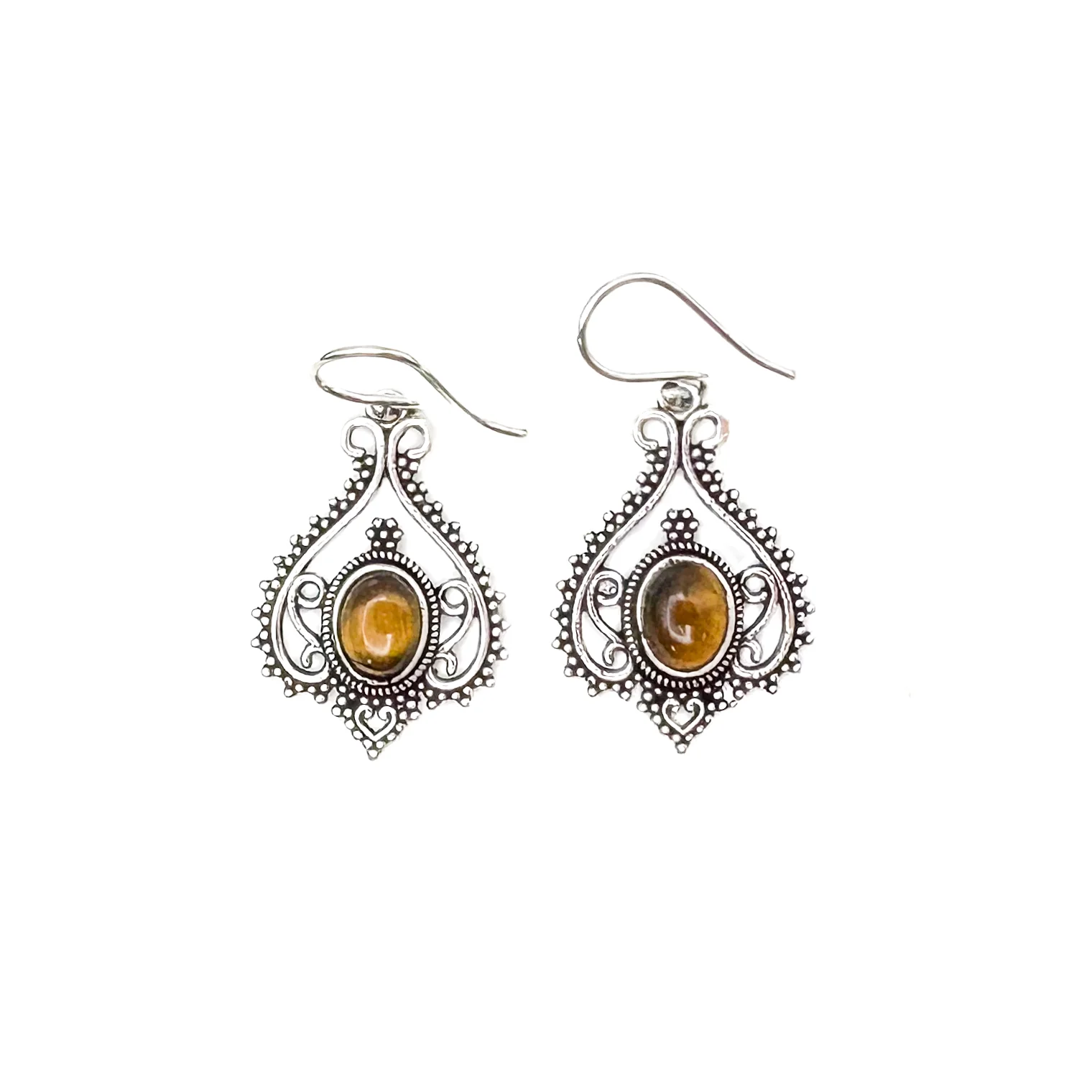 Tiger's Eye Heart Doily Lace White Brass Earrings - Image 6